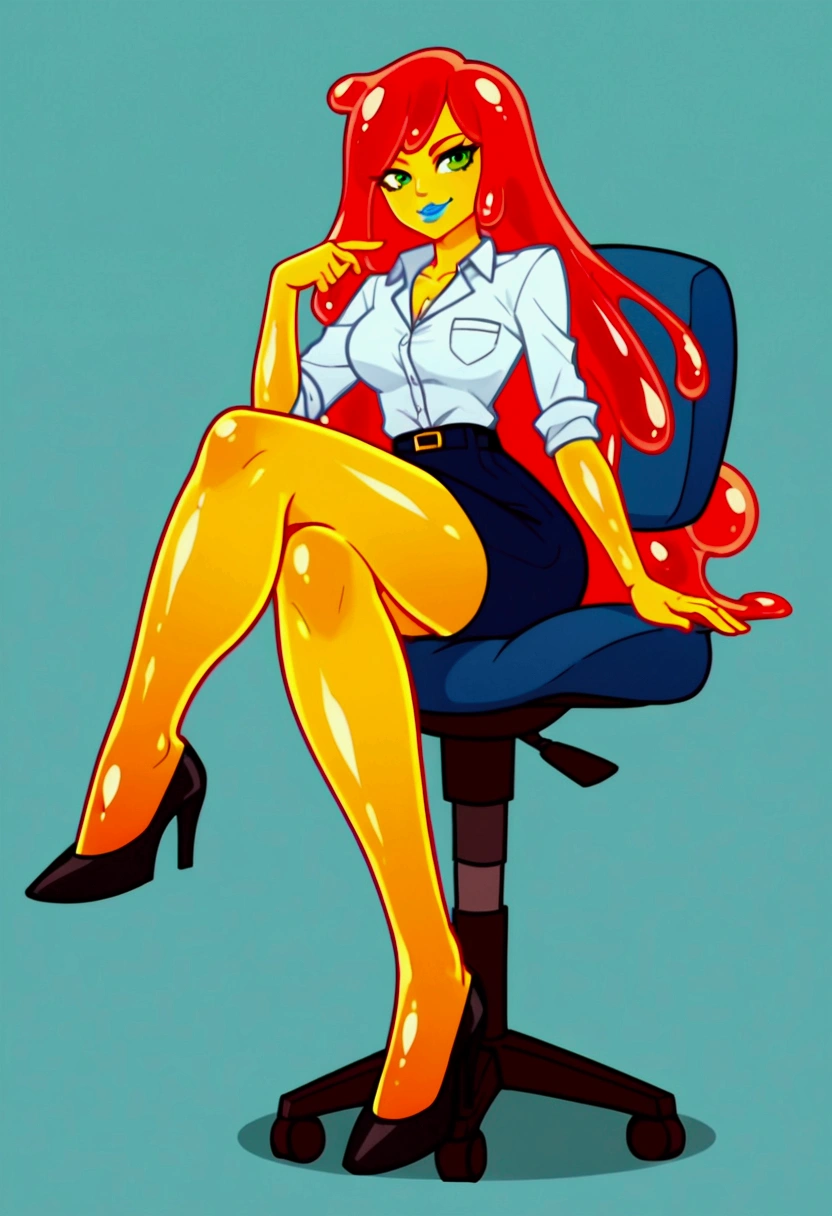 score_9, score_8_up, score_7_up, score_6_up, BREAK source_anime, A cute sexy slime girl sitting in an office, (alone), yellow skin, full lips, very long hair, Red hair, green eyes, blue painted lips, smirk, office worker clothes, black heels, crossed legs, anime screencap, erotic body, full body shot, slime girl, slimegirlsupremacy, slimegirlsfw