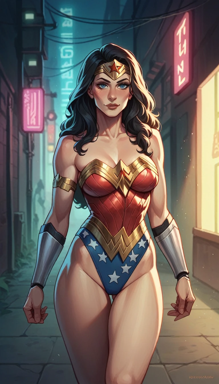 Wonder Woman dressed as a cyborg and cyberpunk in an alleyway, De Nuits, Illuminated by neon lights.
