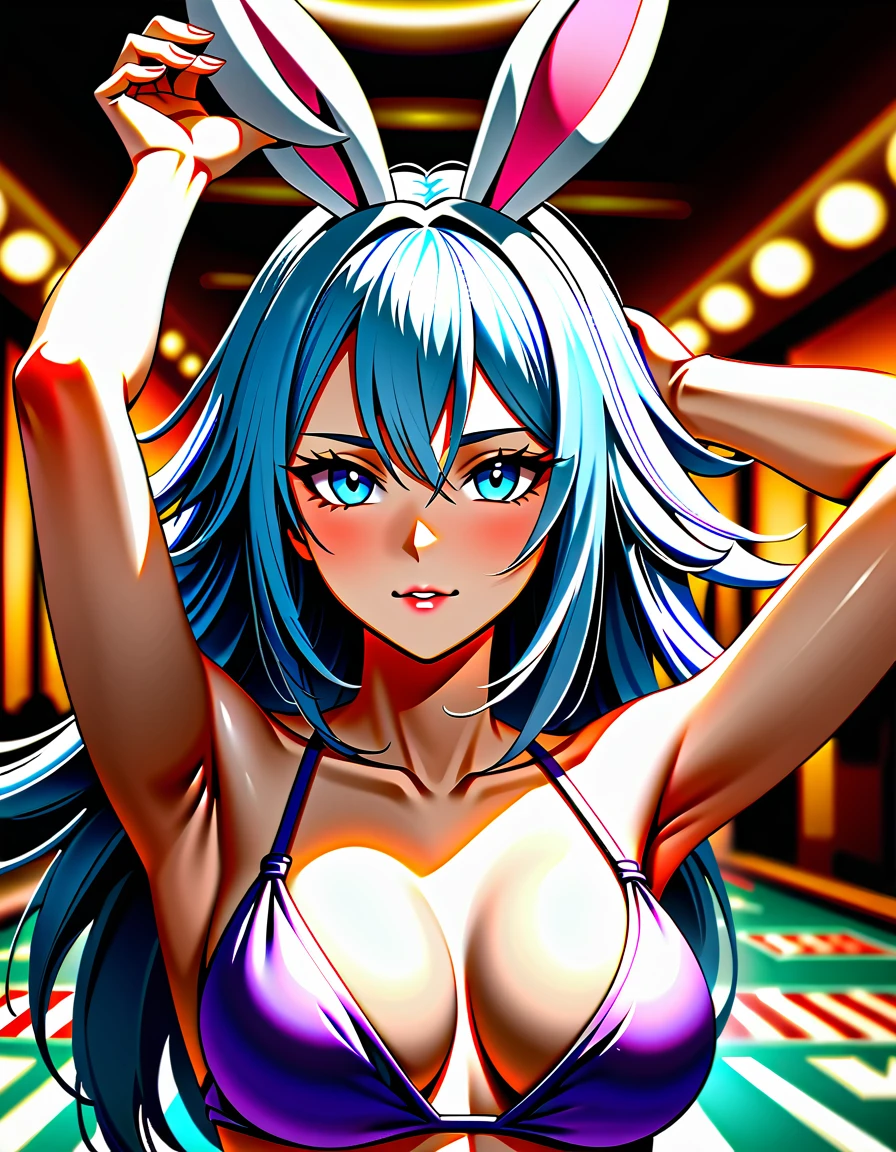Cowboy Shot、A human-wolf hybrid girl、(Beautiful detailed wolf face:2.0)、beard、Long grey hair、Beautiful detailed skin、Slim fit body、Large Breasts、Six Pack Abs、Bunny Girl Costume、Bunny ears、Raise two hands to show armpits、Casino Background、 (Highest quality、4K、8k、High Resolution、masterpiece:1.2)、Super detailed、(Real、Photorealistic、Photorealistic:1.37)、Detailed eyes、Detailed face、gorgeous、elegant、Impression