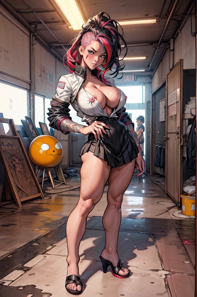anime girl ((multi-colored hair, exposed breasts, massive breasts: 1.6, colossal cleavage: 1.4, protruding nipples, curvaceous, thick thighs)) with a cupcake and ice cream cone in her hand, cyberpunk art inspired by Harumi Hironaka, pixiv contest winner, shin hanga, artgerm colorful!!!, krenz cushart and artgerm, range murata and artgerm, style ivan talavera and artgerm, digital art from danganronpa