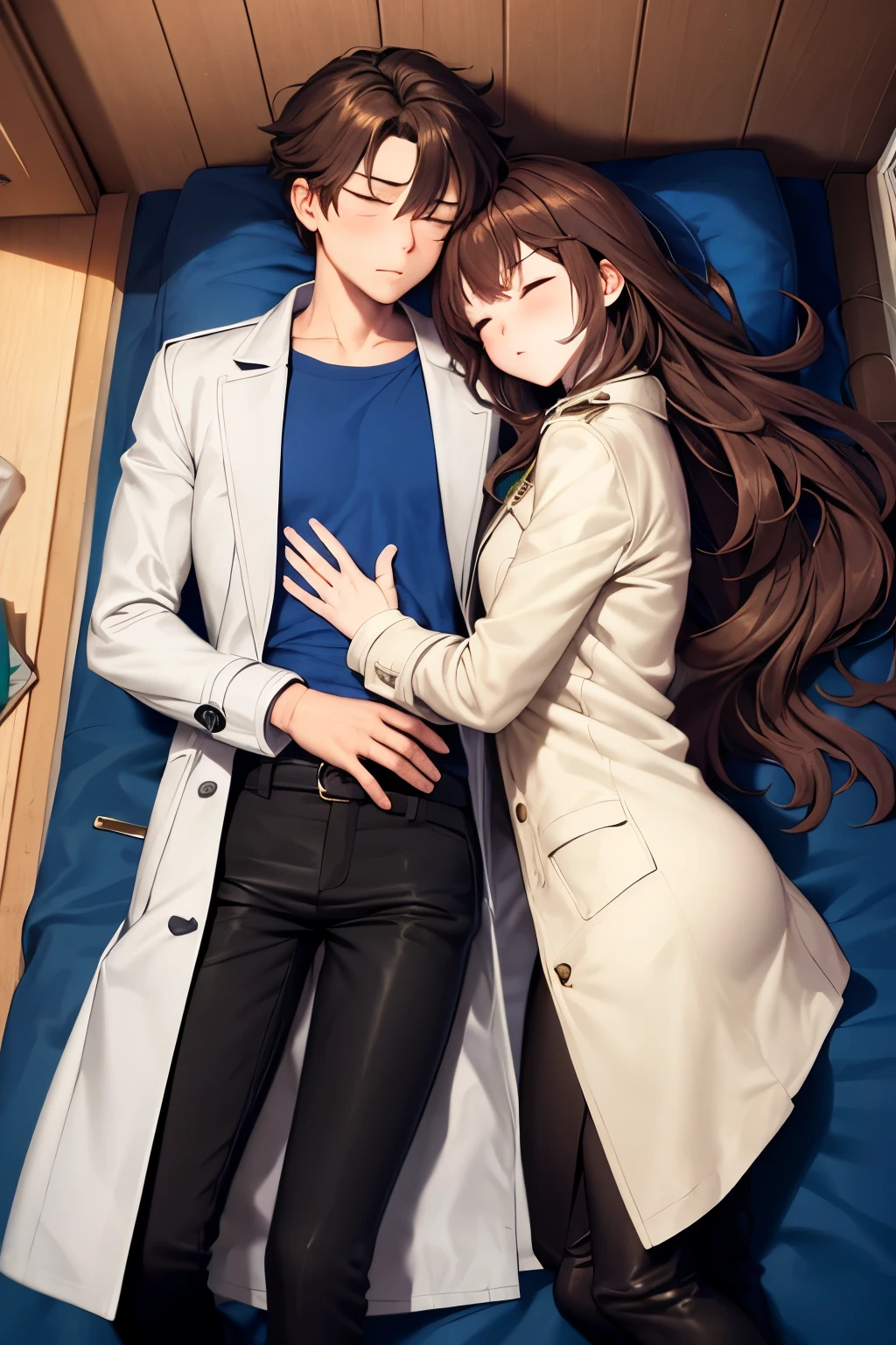 ((best quality)), ((masterpiece)), (detailed), a couple, a boy and a girl, 1 boy, full body, 19 years old, brown hair with white tips, somewhat long hair, bangs, green eyes, sleeping, tall and thin, thin, long beige trench coat, open trench coat, black fingerless gloves, white wristbands, white t-shirt with blue I-shaped emblem, letter I, black pants, 1 girl, full body, 19 years old, young adult, somewhat short, purple eyes, brown hair, somewhat wavy hair, long hair, lock of hair on forehead, asleep, blushing, scientist's coat, blue shirt, black pants, lying in bed, sleeping on boy's shoulder, romantic moment, bedroom background, anime