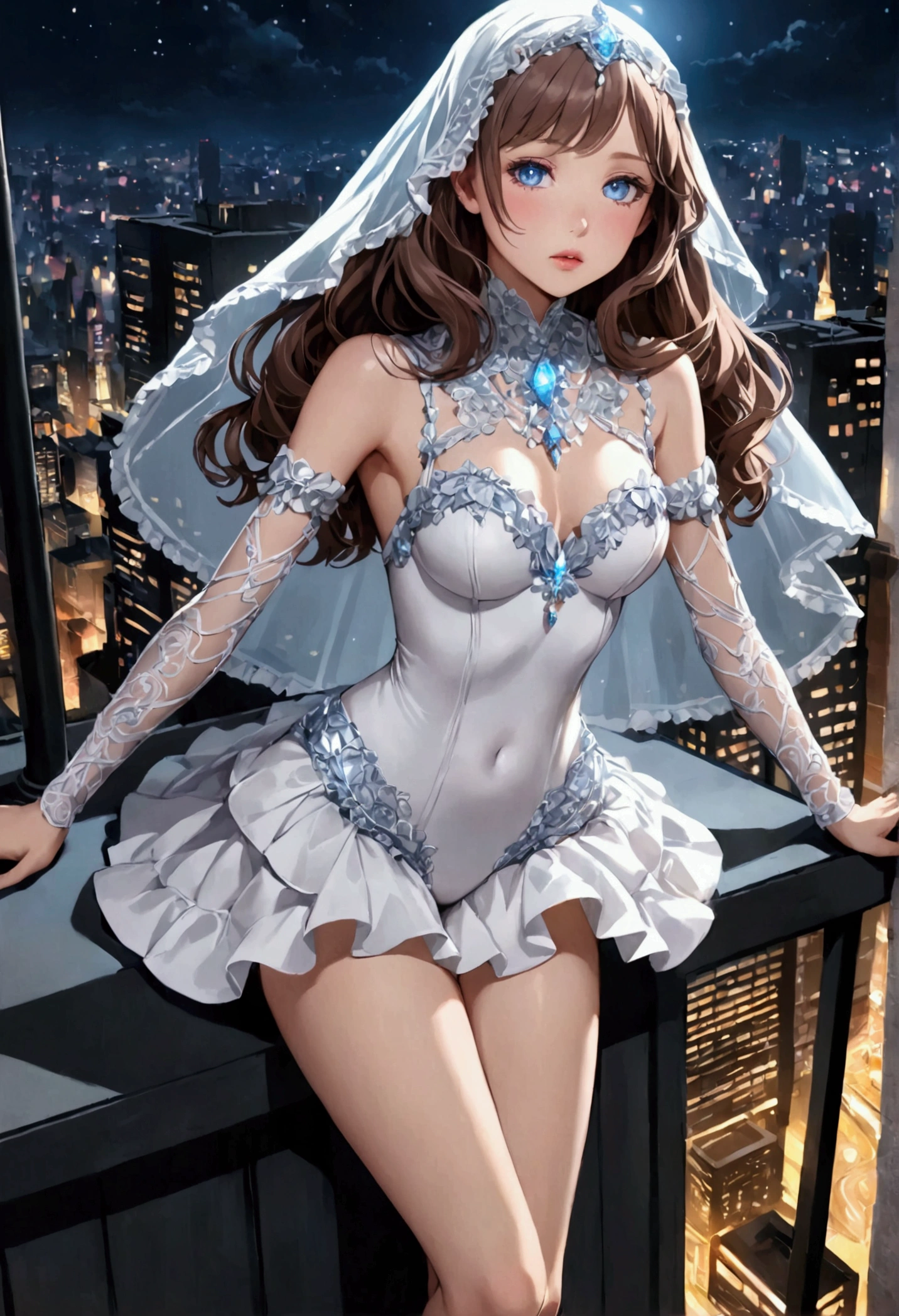 Young girl with delicate features, thin but cute face, light white skin with a slight blush, soft pink lips, glowing light blue eyes, long, slightly wavy brown hair with pink highlights, wearing a heroine outfit consisting of a white leotard with cute and delicate details in ruffles and lace and the sleeves cover the entire arm, on the hips in the back there are ruffles that imitate a white skirt and on the feet are white boots that go up to the knees and have crystal details, on her face she wears a veil that only covers her mouth and is made of crystals. It's on top of a building at night and it's dark.