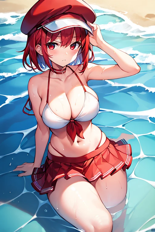 1girl, red hair, bikini, white bikini, skirt, large breasts, thick thighs, very short hair, skirt bikini, beach, serious, red trim, cap, hat, water, spashing, wet, hourglass figure