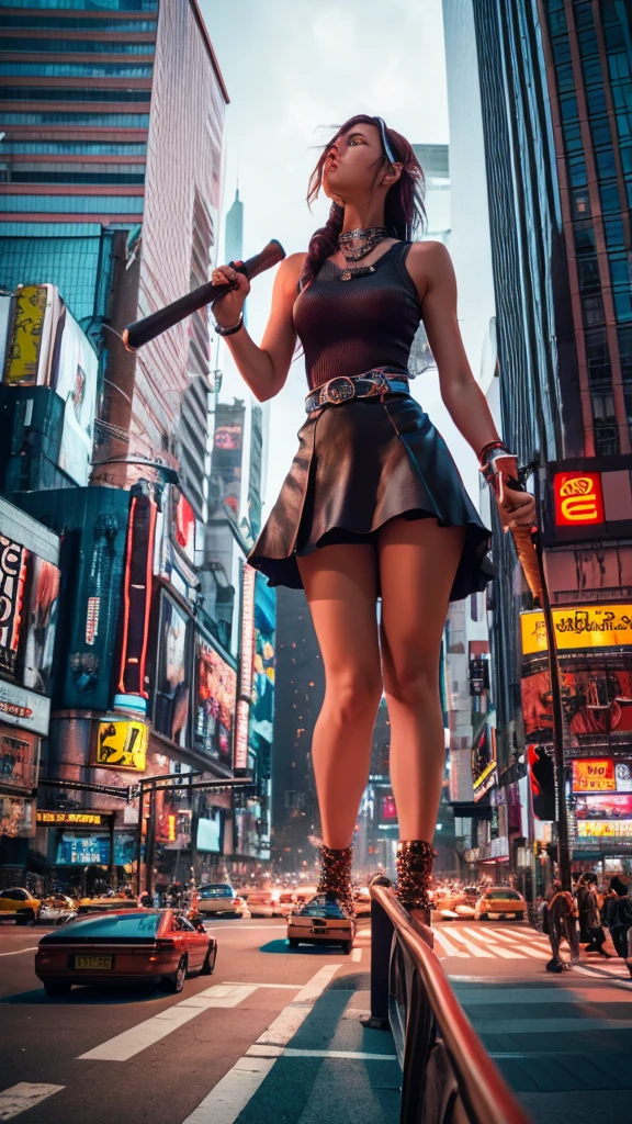 The giant girl wields a hammer and destroys the city,Girl sitting on a building,A giant woman in a lying on top of a cyberpunk city, Wear short skirts,Little guys running around the giant girl,The little person panicked and ran away,Many cars pass by, Standing on her hand, cgsociety 9, 2. 5 d cgi fantasy art, engine rendering unreal + a goddess, full body cgsociety, artgerm ; Hyper realistic 3d content, giant art, super detailed 3d matte paintings, super detailed 3d matte paintings, realistic fantasy art, realistic 3 d anime style. Beautiful girl. Big thighs."The boy stood on the top of a high-rise building waving to the girl". Color ultra 4k.The little person panicked and ran away.Giant attack.Shibuya,tokyo.