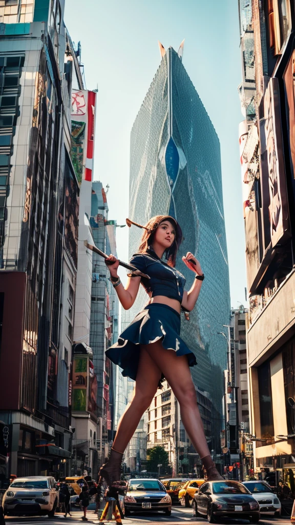 The giant girl wields a hammer and destroys the city,Girl sitting on a building,A giant woman in a lying on top of a cyberpunk city, Wear short skirts,Little guys running around the giant girl,The little person panicked and ran away,Many cars pass by, Standing on her hand, cgsociety 9, 2. 5 d cgi fantasy art, engine rendering unreal + a goddess, full body cgsociety, artgerm ; Hyper realistic 3d content, giant art, super detailed 3d matte paintings, super detailed 3d matte paintings, realistic fantasy art, realistic 3 d anime style. Beautiful girl. Big thighs."The boy stood on the top of a high-rise building waving to the girl". Color ultra 4k.The little person panicked and ran away.Giant attack.Shibuya,tokyo.