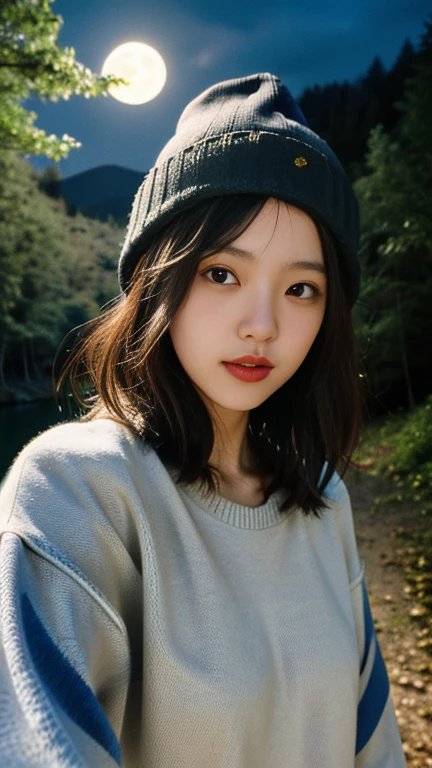 Japanese girl, 20th Generation, Realistic, Highest quality, Super detailed, Beautiful woman, Selfie, Upper Body, alone, Wearing a pullover, Outdoor, (night), Mountain々, Real Nature, performer, moon, (Hilarious, Happy), sleeping bag, gloves, sweater, Beanie, flashlight, forest, rock, river, wood, cigarette, fog, sunny, Analog Style, View your viewers, Skin Texture, Film Grain, close, Ultra-high resolution, Best Shadow, born, Instagram LUTs