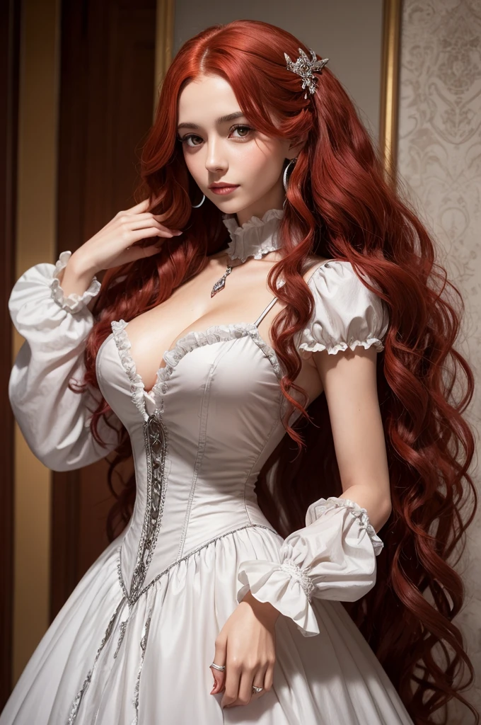 Woman long curly red hair, skin tanned, medium breasts, silver colored Victorian dress