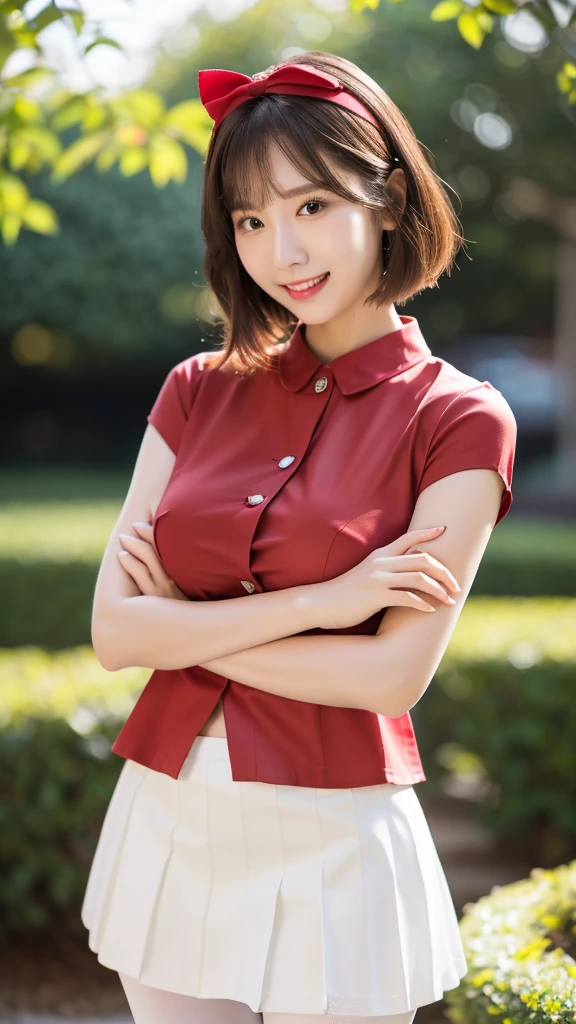 (8k, raw, masterpiece: 1.5), (professional photograph, sharp: 1.2), (natural sun light), (soft shadow), (photorealistic: 1.4), perfect dynamic composition, (1 girl), (Ultra-detailed face and skin), gorgeous face, perfectly proportioned face, dark brown eyes, round eyes, beautiful eyes, glossy eyes, high nose bridge, blush, plump lips, really moist skin, white skin, (delicate skin:1.4), (latex skin:0.4), (perfect glowing skin:0.6), (black colored short hair, bangs), (curvy body), (large breast: 1.2), (((large buttock))), (((thick thigh))), Refined expression, huge smile at the camera, looking at camera, pearl necklace, red headband, (((red long shirt))), (((white mini skirt))), (((white pantyhose)))