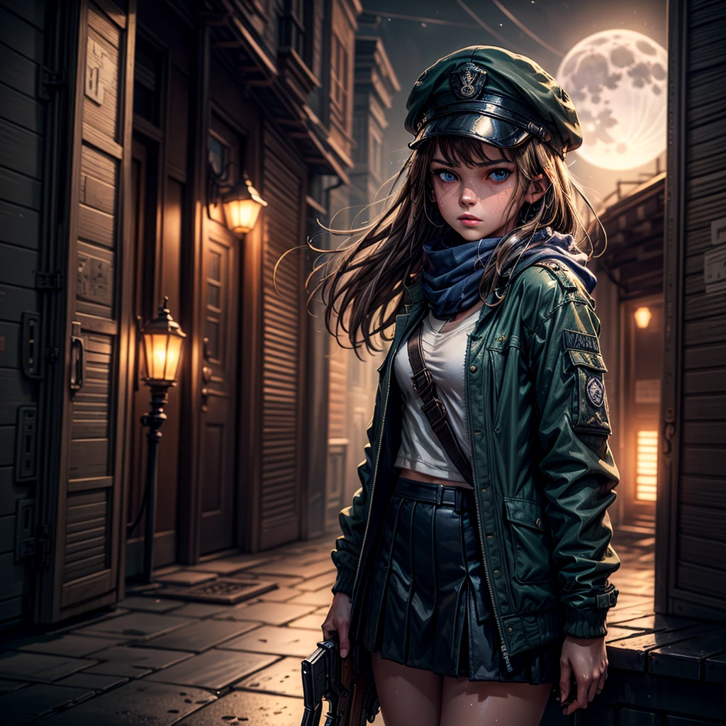masterpiece, highest quality, (solo focus), (perfect face:1.1), (high detail:1.1), 1girl, ((guarding gateway)), brown hair, ((long hair)), blue eyes, military jacket, large scarf, long coattails, short skirt, long socks, flat cap, shotgun, firearm, sweaty, glistening skin, detailed background, moonlight, neon streets, barricade, cinematic lighting