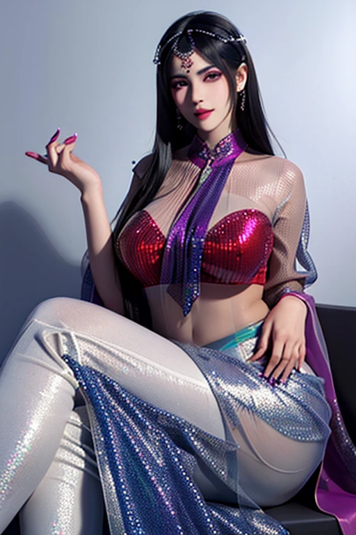 1girl, solo, long hair,big breasts,violet hair, thighhighs,highly detailed face, detailed face, perfect proportions, well-proportioned body of six heads, huge breasts, thin waist, navel, big butt , crotch gap, large thighs, jewelry, sitting, boots, high heels, lips, hand on hip, thigh boots, chair, crossed legs, realistic, gorgeous bright neon dotted red eye makeup and thick black winged eyeliner,blue shimmering lipstick,((wearing Organza silver(see-through) saree,dark red colored ,Shine In A Sequins design Blouse)),
