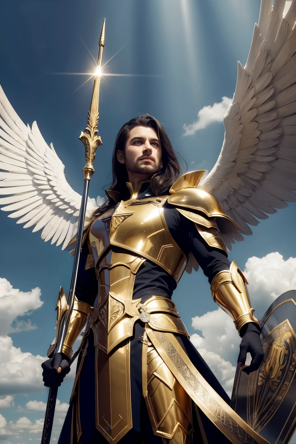 Archangel Michael in a majestic and heroic pose. He's dressed in shiny armor, with intricate details in gold and silver. Its wings are huge and imposing, with bright feathers that reflect light. In the right hand, he holds a flaming sword, and on the left, a shield adorned with angelic symbols. The background is a dramatic sky, with dark clouds and rays of light penetrating. At dinner it transmits power, courage and divinity, with a realistic and detailed style.