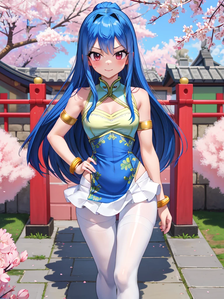 realisitic, fotorrealisitic,cowboy shot,work of art, absurderes, (colorfully), 1 girl, Wendy Marvell, forehead mark, blue hairband, Detailed Chinese minidress, へそ, crotch, bracelet, looking ahead at viewer, Ruddy face, ssmile, Cherry blossoms, private garden, Tuuli, floating hair, Medium chest, slim and sexy waist, (((medium hips))), Corpo sexy, detailedeyes, dynamic pose, Full-body image, 4K, High Definition Full Hd, super resolution, generate extremely detailed image down to the smallest details, white pantyhose connected to her panties by a corset
