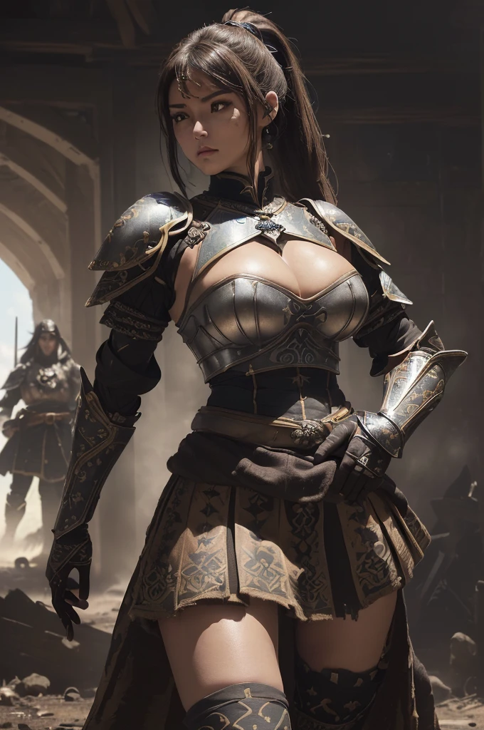 very very beautiful woman、very tall woman、((Logic))、(face detailed)(((breasts big)))、realisitic Skin、((Knattas of the Earth)), (((Light brown and black armor:1.25)))、((((非常に繊細で装飾が施されたLight brown and black armor))))、((delicate photo))，(Asstepeace girl RAW photo details:1.25), (highest quallity:1.6), (ultra-high resolution:1.5), (realisitic:1.75), 8K resolution, Canon EOS R5, 50mm, absurdrez, super verbose,Cinema lighting,Battlefields of Medieval Europe、((fight))、rpg world、final-fantasy、(((Decorative skirt)))、thigh high socks、tiling、natta、((((Messy High Ponytail with Center Part))))、((Get a torn package of seanto、((beautiful armor))、(((Huge weapons)))、In combat、the wind is blowing、(((Leading a large group of knattas:1.3)))、(((Knatta Commander)))、(flag)、Monkey coat of arms、(((The main color is light brown)))、(((black tribal tattoos)))、dust、(((vestindo pele)))、(rocky area)、(((battle scenes)))