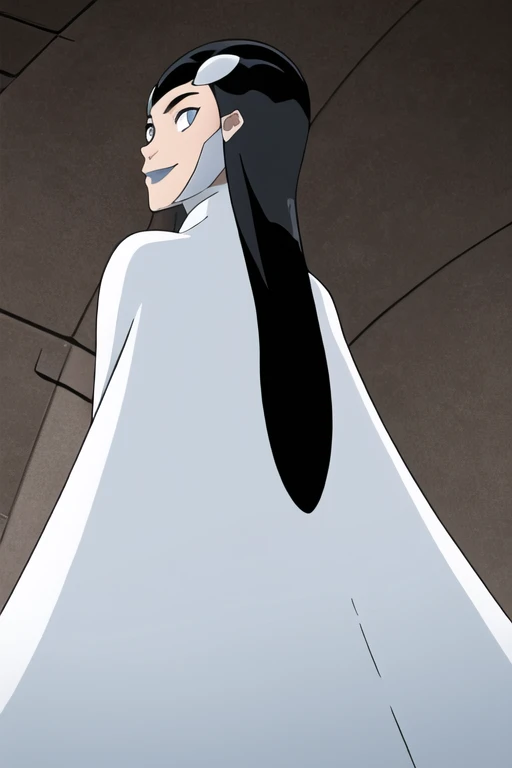 Tinya Wazzo, solo,black hair, long hair. grey eyes, smile, grey lips, white cape, ???????????, From Below, cape infront, beautiful cape,  masterpiece, detailed, best quality 