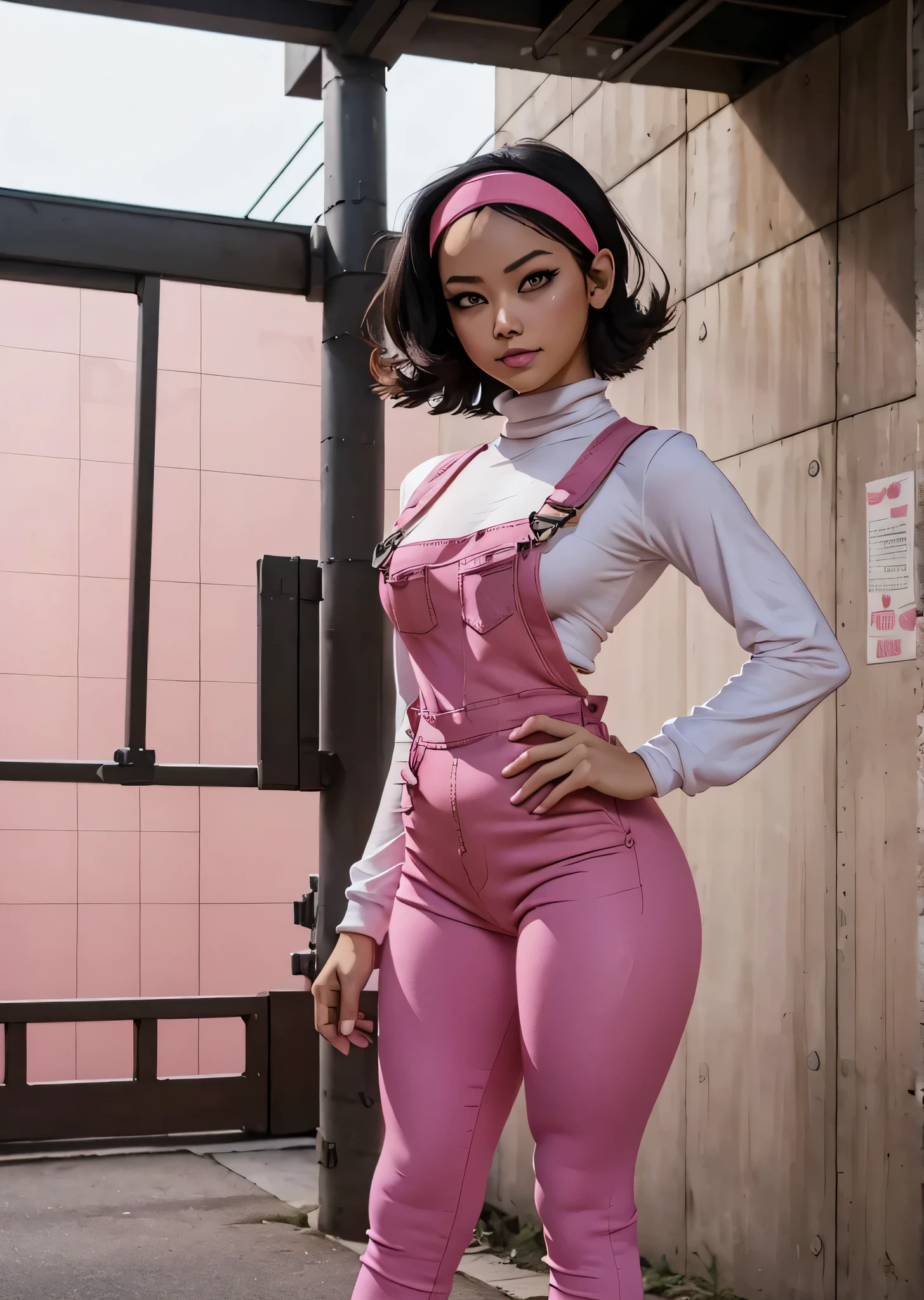 [nene], [newgrounds], ((masterpiece)), ((HD)), ((high res)), ((solo portrait)), ((full body)), ((front view)), ((detailed shading)), ((intricate details)), {(cute asian girl), slim attractive figure, tan skin, (cute eyes), short black hair, short eyelashes, small breasts, curvy hips, beautiful legs, cute tongue}, {(hot-pink dress), long sleeve turtleneck shirt, pink leggings, pink headband}, {(mischievous smirk)}, {(looking at viewer)}, [ambient lighting, school grounds, sun rays]