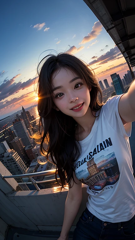 One girl, Fisheye Lens, Selfie, Wind, Messy Hair, sunset, Cityscape, (Aesthetics and atmosphere:1.2),smile