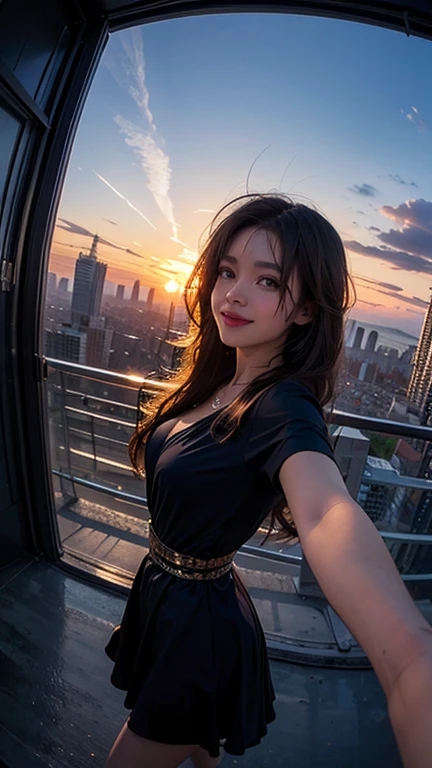 One girl, Fisheye Lens, Selfie, Wind, Messy Hair, sunset, Cityscape, (Aesthetics and atmosphere:1.2),smile