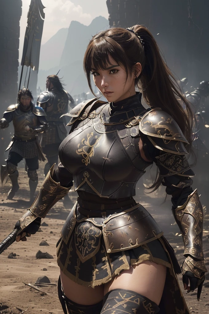 very very beautiful woman、very tall woman、((Logic))、(face detailed)(((breasts big)))、realisitic Skin、((Knattas of the Earth)), (((Light brown and black armor:1.25)))、((((非常に繊細で装飾が施されたLight brown and black armor))))、((delicate photo))，(Asstepeace girl RAW photo details:1.25), (highest quallity:1.6), (ultra-high resolution:1.5), (realisitic:1.75), 8K resolution, Canon EOS R5, 50mm, absurdrez, super verbose,Cinema lighting,Battlefields of Medieval Europe、((fight))、rpg world、final-fantasy、(((Decorative skirt)))、thigh high socks、tiling、natta、((((Messy High Ponytail with Center Part))))、((Get a torn package of seanto、((beautiful armor))、(((Huge weapons)))、In combat、the wind is blowing、(((Leading a large group of knattas:1.3)))、(((Knatta Commander)))、(flag)、Monkey coat of arms、(((The main color is light brown)))、(((black tribal tattoos)))、dust、(((vestindo pele)))、(rocky area)、(((battle scenes)))