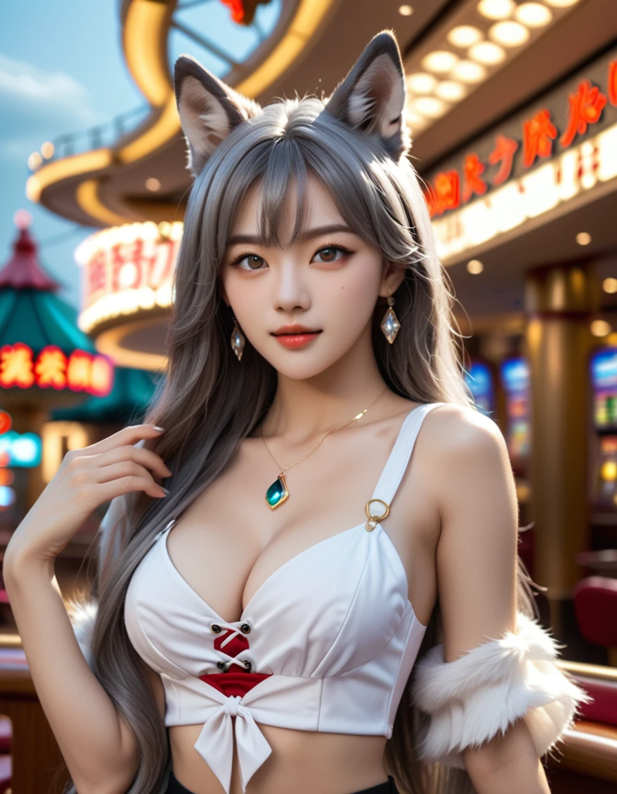 Cowboy Shot、A human-wolf hybrid girl、(Beautiful detailed wolf face:2.0)、beard、Long grey hair、Beautiful detailed skin、Slim fit body、Large Breasts、Six Pack Abs、Bunny Girl Costume、Bunny ears、Raise two hands to show armpits、Casino Background、 (Highest quality、4K、8k、High Resolution、masterpiece:1.2)、Super detailed、(Real、Photorealistic、Photorealistic:1.37)、Detailed eyes、Detailed face、gorgeous、elegant、Impression