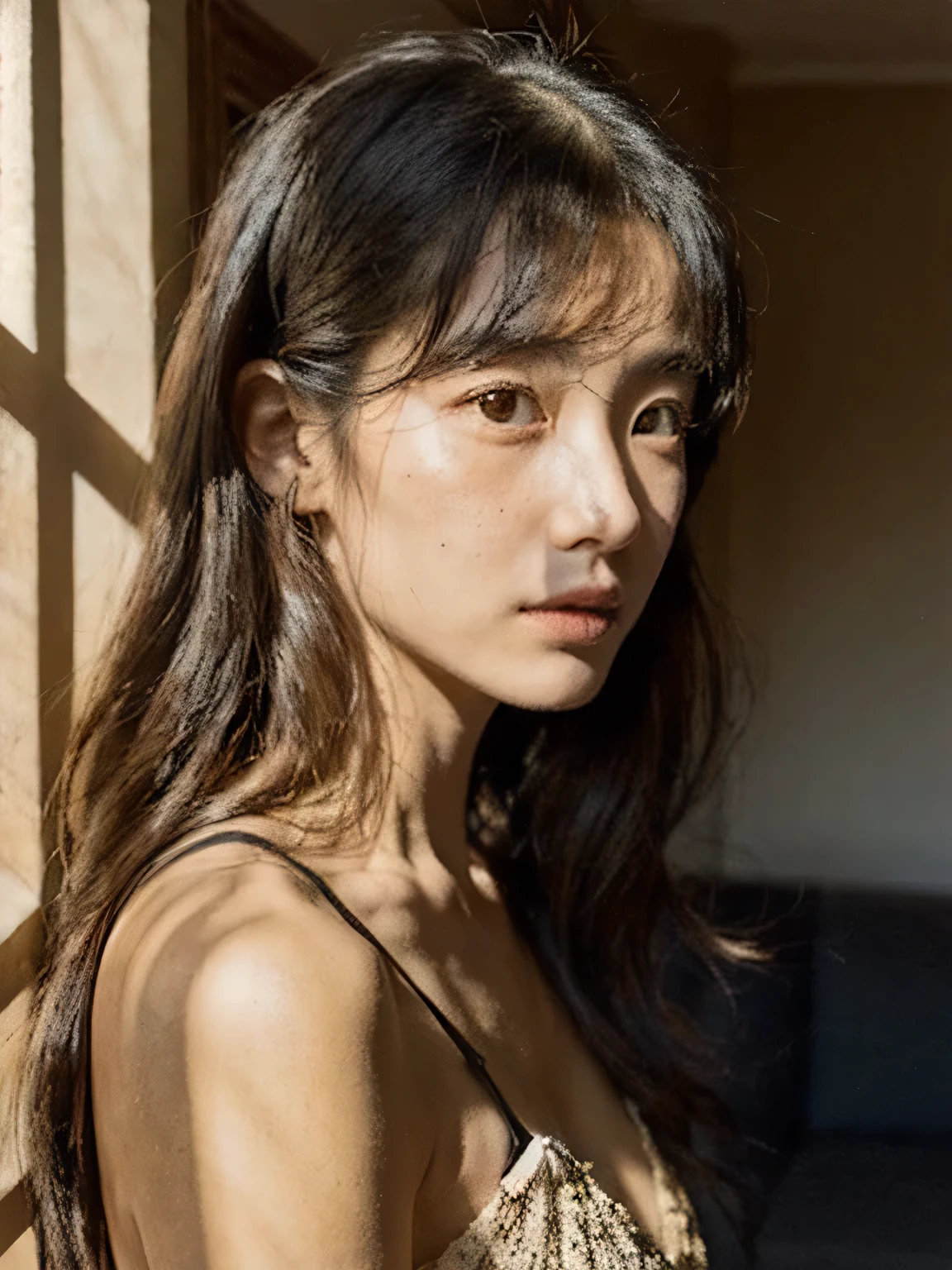 highest quality}, {{masterpiece}}, {very delicate and beautiful},outstanding light and shadow, Highly detailed living room,clear and bright sunlight,1 girl,lightly dressed、gaze looking beyond,black side,strong sunlight,delicate and messy hair,realistic skin texture, Upper body with clear pores and skin wrinkles