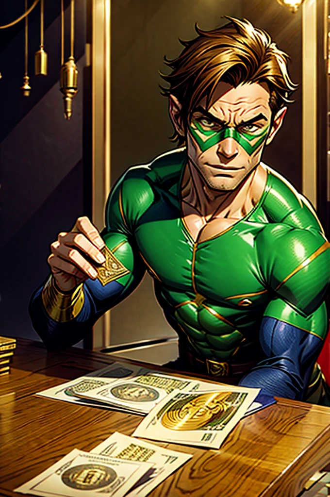 COMIC STYLE OF GREEN GOBLIN EATING PAPER MONEY AND SURROUNDED BY GOLD
