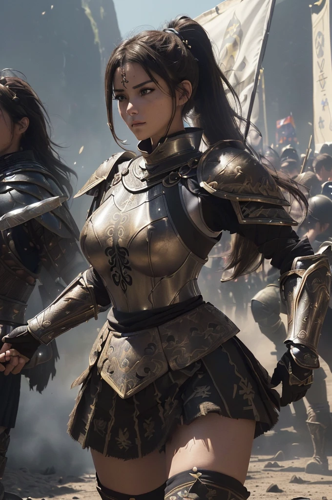 very very beautiful woman、very tall woman、((Logic))、(face detailed)(((breasts big)))、realisitic Skin、((Knattas of the Earth)), (((Light brown and black armor:1.25)))、((((非常に繊細で装飾が施されたLight brown and black armor))))、((delicate photo)),(Asstepeace girl RAW photo details:1.25), (highest quallity:1.6), (ultra-high resolution:1.5), (realisitic:1.75), 8K resolution, Canon EOS R5, 50mm, absurdrez, super verbose,Cinema lighting,Battlefields of Medieval Europe、((fight))、rpg world、final-fantasy、(((Decorative skirt)))、thigh high socks、tiling、natta、((((Messy High Ponytail with Center Part))))、((Get a torn package of seanto、((beautiful armor))、(((Huge weapons)))、In combat、the wind is blowing、(((Leading a large group of knattas:1.3)))、(((Knatta Commander)))、(flag)、Monkey coat of arms、(((The main color is light brown)))、(((black tribal tattoos)))、dust、(((vestindo pele)))、(rocky area)、(((battle scenes)))