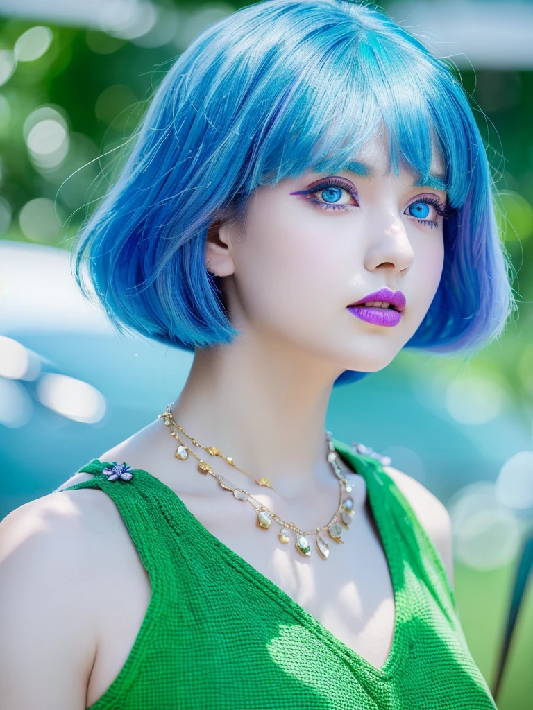 A woman with purple eyes light blue hair fair skin with green lipstick wears a shell necklace