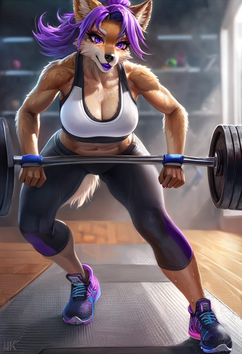 (anthro)) hyena, Ross Tran, by ruan jia, by zaush, by foxovh, by cutesexyrobutts, by cervina_7, by sligarthetiger, Best Quality, masterpiece,, Illustration, Wallpaper,1girl in, Solo, black hair,ponytail hair, hair black with highlights blue, dot piercings 3 in 2 row down her snoot, purple/pink eyes, Beautiful detailed girl, extremely detailed eye and face, black dragon tattoo on her arm, Beautiful detailed eyes, natural_Lighting, Looking at Viewer, Thick_thighs, big ass, tall, hourglass figure, fit body, muscles, sweaty body, female, cute, wearing gym cloths, in gym, bench pressing, lifting bar with weights, view from top to bottom , large breasts, natural breasts, tail, tall, happy expresion, wide hips thin waist, 8k