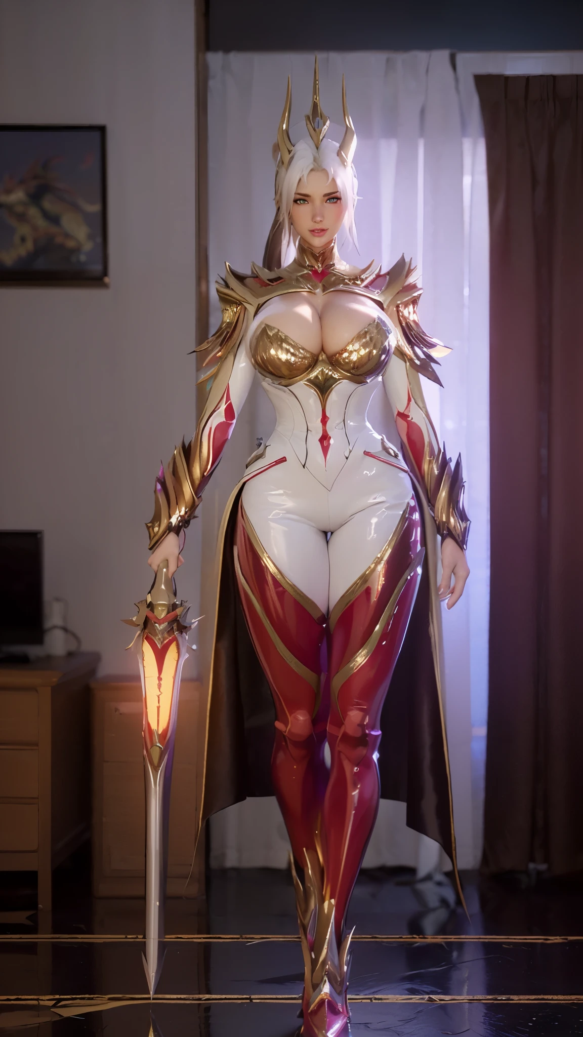 TEKKEN_REINA, CLOSE UP UPPER BODY,SOLO, COWBOY SHOT, ((EVIL DRAGON HORN MECHA,WHITE HIGHT PONYTAIL HAIR)), (GIGANTIC FAKE BREASTS,CLEAVAGE TOP,11 LINE ABS:1.5), ((WEARING OUTFIT MECHA GOLDEN CRIMSON DARK EVIL DRAGONOID ARMORED, LONG CAPE, SKINTIGHT PANTS:1.5)), (MUSCULAR BODY SHAPE:1.5), (CLEAN GLOSSY BODYSKIN:1.5), (LOOKING AT VIEWER:1.6), (BACKGROUND FUTURISTIC SPACE STATION:1), (PHOTOREALSITIC:1.4), (ULTRA-DETAILLIERT), (TOP-QUALITY), (BEST SHADOWS), BRIGHT LIGHT IN ROOM, HYPER TEXTURE, (4X MSAA), ((UNREAL ENGINE 5 RENDER)), (NEON), PHYSICALLY-BASED RENDERING, ULTRA HIGHT DEFINITION, 16K, 1080P.