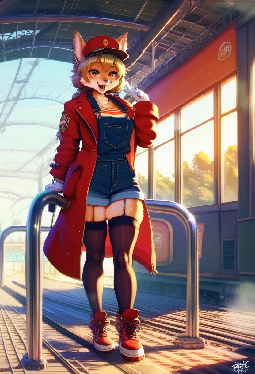 a kemono wolf woman, train driver, long flowing hair, wearing a red train driver's hat, red coat, black overalls, white gloves, black stockings, red shoes, controlling a steam train, happy, highly detailed,HDR, 8k, masterpiece, intricate details, dynamic lighting, vibrant colors, cinematic composition, dramatic atmosphere, train station, detailed facial features, piercing eyes, expressive emotions, striking pose, dynamic action