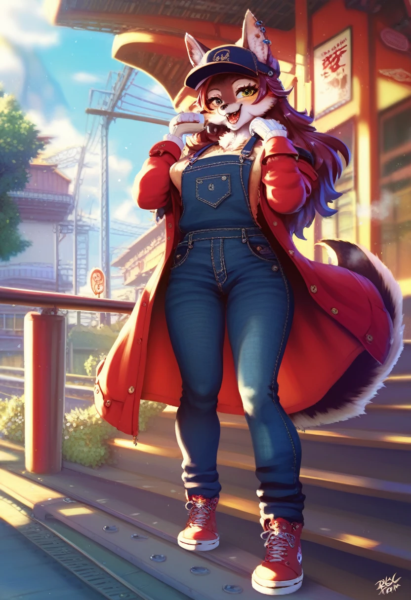 a kemono wolf woman, train driver, long flowing hair, wearing a red train driver's hat, red coat, black overalls, white gloves, black stockings, red shoes, controlling a steam train, happy, highly detailed,HDR, 8k, masterpiece, intricate details, dynamic lighting, vibrant colors, cinematic composition, dramatic atmosphere, train station, detailed facial features, piercing eyes, expressive emotions, striking pose, dynamic action