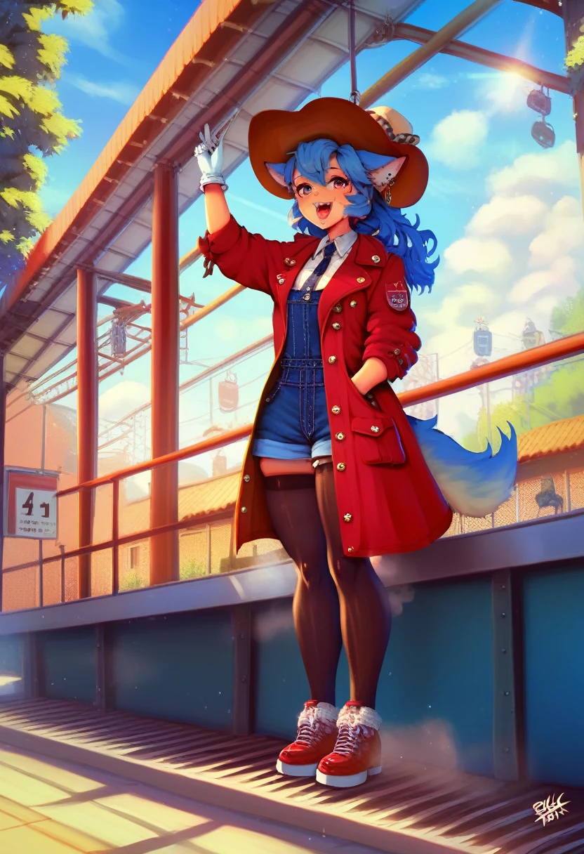 a kemono wolf woman, train driver, long flowing hair, wearing a red train driver's hat, red coat, black overalls, white gloves, black stockings, red shoes, controlling a steam train, happy, highly detailed,HDR, 8k, masterpiece, intricate details, dynamic lighting, vibrant colors, cinematic composition, dramatic atmosphere, train station, detailed facial features, piercing eyes, expressive emotions, striking pose, dynamic action