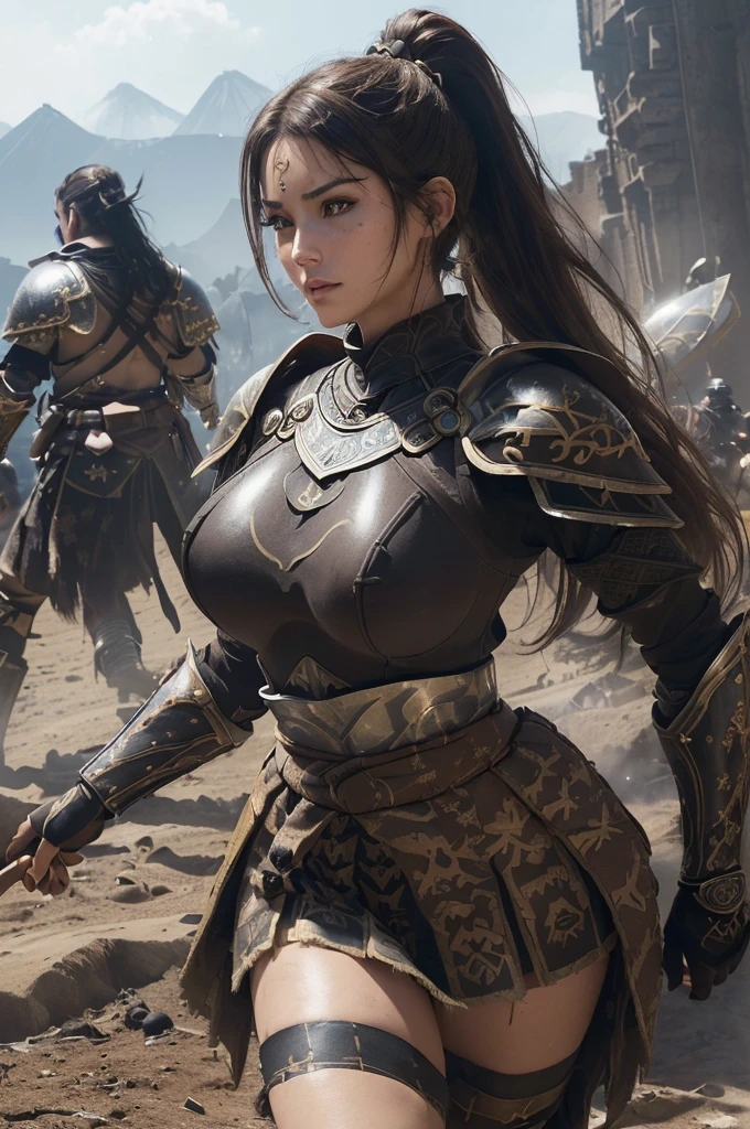 very very beautiful woman、very tall woman、((Logic))、(face detailed)(((breasts big)))、realisitic Skin、((Knattas of the Earth)), (((Light brown and black armor:1.25)))、((((非常に繊細で装飾が施されたLight brown and black armor))))、((delicate photo)),(Asstepeace girl RAW photo details:1.25), (highest quallity:1.6), (ultra-high resolution:1.5), (realisitic:1.75), 8K resolution, Canon EOS R5, 50mm, absurdrez, super verbose,Cinema lighting,Battlefields of Medieval Europe、((fight))、rpg world、final-fantasy、(((Decorative skirt)))、thigh high socks、tiling、natta、((((Messy High Ponytail with Center Part))))、((Get a torn package of seanto、((beautiful armor))、(((Huge weapons)))、In combat、the wind is blowing、(((Leading a large group of knattas:1.3)))、(((Knatta Commander)))、(flag)、Monkey coat of arms、(((The main color is light brown)))、(((black tribal tattoos)))、dust、(((vestindo pele)))、(rocky area)、(((battle scenes)))