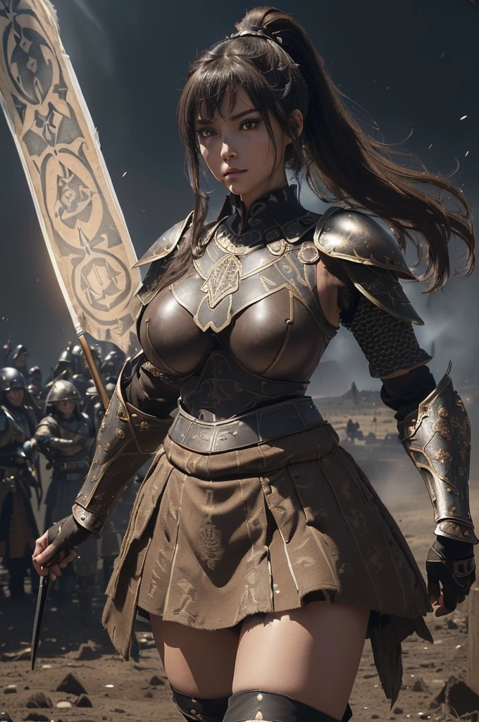 very very beautiful woman、very tall woman、((Logic))、(face detailed)(((breasts big)))、realisitic Skin、((Knattas of the Earth)), (((Light brown and black armor:1.25)))、((((非常に繊細で装飾が施されたLight brown and black armor))))、((delicate photo))，(Asstepeace girl RAW photo details:1.25), (highest quallity:1.6), (ultra-high resolution:1.5), (realisitic:1.75), 8K resolution, Canon EOS R5, 50mm, absurdrez, super verbose,Cinema lighting,Battlefields of Medieval Europe、((fight))、rpg world、final-fantasy、(((Decorative skirt)))、thigh high socks、tiling、natta、((((Messy High Ponytail with Center Part))))、((Get a torn package of seanto、((beautiful armor))、(((Huge weapons)))、In combat、the wind is blowing、(((Leading a large group of knattas:1.3)))、(((Knatta Commander)))、(flag)、Monkey coat of arms、(((The main color is light brown)))、(((black tribal tattoos)))、dust、(((vestindo pele)))、(rocky area)、(((battle scenes)))