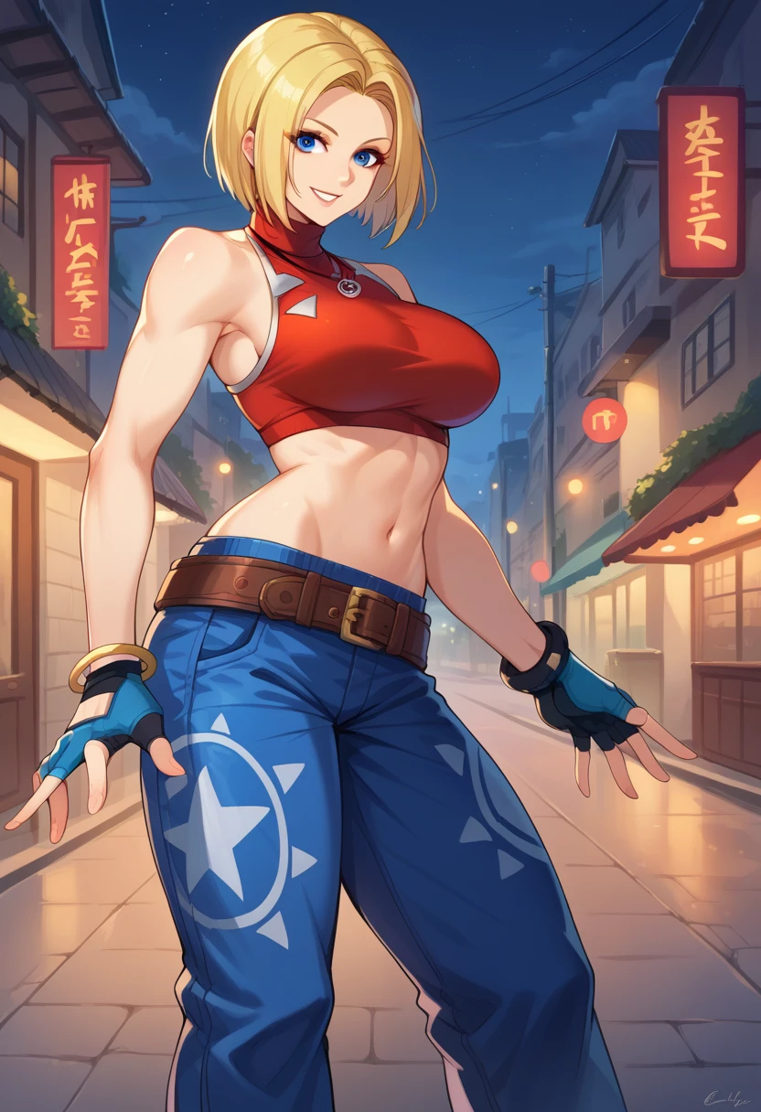 score_9, score_8_up, score_7_up, 1girl, solo, BlueMary, short hair, blue eyes,pants, crop top, turtleneck, belt, large breasts, fingerless gloves, necklace, standing,pulling pants, standing, flirtatious smile, looking at you, night, street, illimunated city,