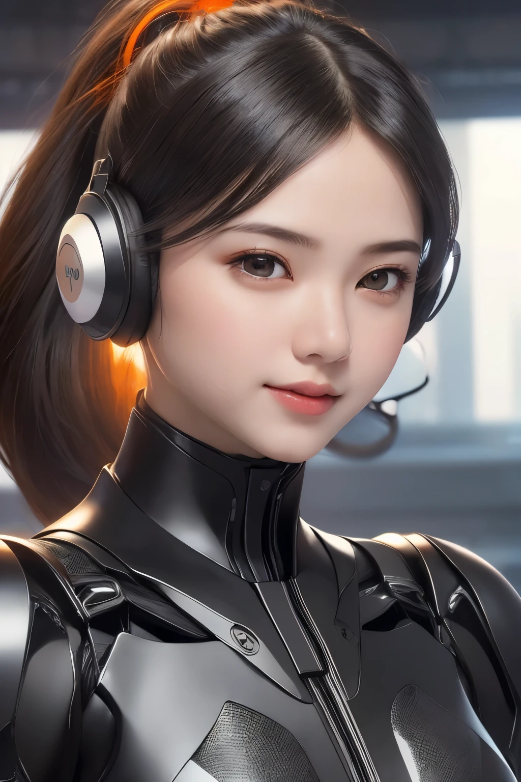 Top Quality, Masterpiece, Ultra High Resolution, (Photorealistic: 1.4), Raw Photo, 1 Girl, Black Hair, Glossy Skin, 1 Mechanical Girl, (((Ultra Realistic Details)), Portrait, Global Illumination, Shadows, Octane Rendering, 8K, Ultra Sharp, Intricate Ornaments Details, realistic skin, sweat effect, ((wearing Headphone)), very intricate detail, realistic light, CGSoation trend, brown eyes, glowing eyes, matte black and glossy orange mechanical bodysuit, Long hair, black hair, Ponytail hair, Half body shot, spaceship bridge background, dynamic pose, cute smile, close up, Open Mouth, facing audience