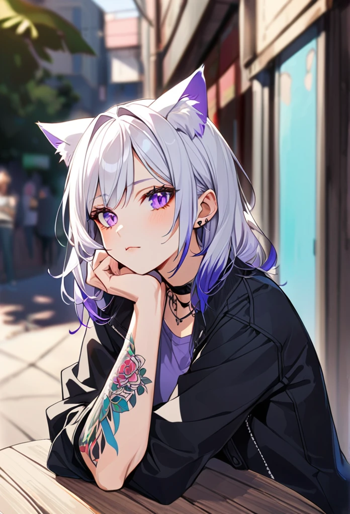 1woman, white hair with purple tips, purple eyes, cat ears, normal face, wearing a casual black jacket,purple undershirt, blue jeans, rest head with hand, tattoos on arms, colorful tattoos
