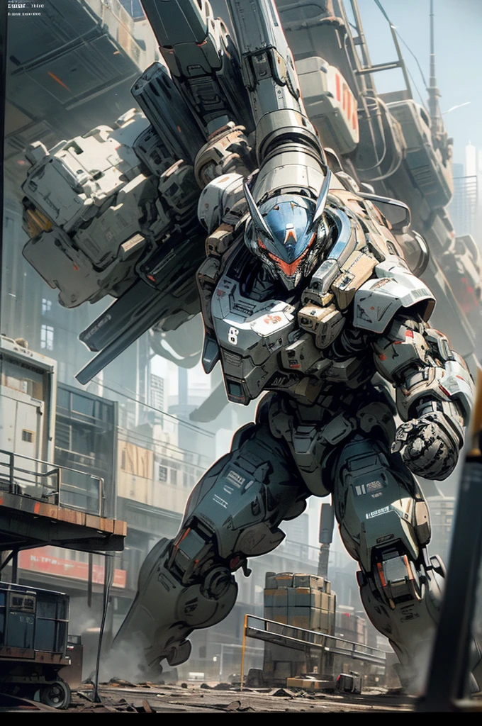 meca,roboT,droid,holding_weapon,giant,city,masterpiece,best quality,super detailed,super fine illustration,battle scene,white color,dynamic angle,Heavy equipment,ARMORED CORE,8k,masterpiece,best quality,Mass production machine,imperial military,black color,