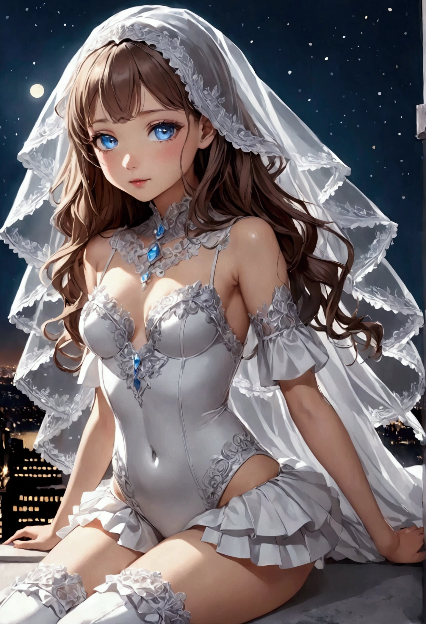 Young girl with delicate features, thin but cute face, light white skin with a slight blush, soft pink lips, glowing light blue eyes, long, slightly wavy brown hair with pink highlights, wearing a heroine outfit consisting of a white leotard with cute and delicate details in ruffles and lace and the sleeves cover the entire arm, on the hips in the back there are ruffles that imitate a white skirt and on the feet are white boots that go up to the knees and have crystal details, on her face she wears a veil that only covers her mouth and is made of crystals. It's on top of a building at night and it's dark.