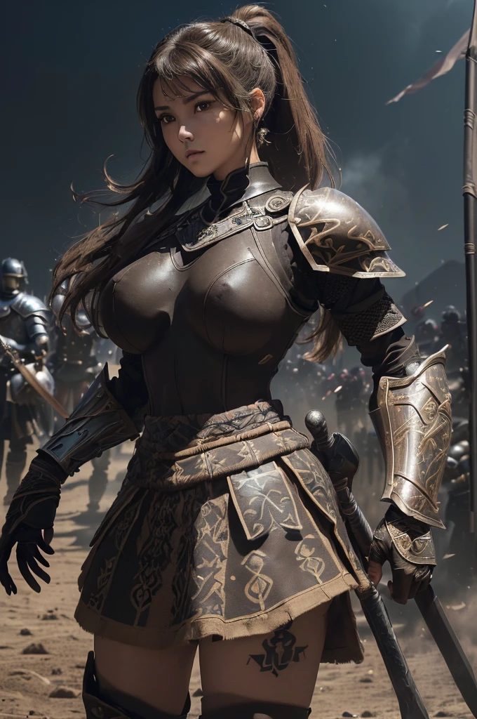 very very beautiful woman、very tall woman、((Logic))、(face detailed)(((breasts big)))、realisitic Skin、((Knattas of the Earth)), (((Light brown and black armor:1.25)))、((((非常に繊細で装飾が施されたLight brown and black armor))))、((delicate photo)),(Asstepeace girl RAW photo details:1.25), (highest quallity:1.6), (ultra-high resolution:1.5), (realisitic:1.75), 8K resolution, Canon EOS R5, 50mm, absurdrez, super verbose,Cinema lighting,Battlefields of Medieval Europe、((fight))、rpg world、final-fantasy、(((Decorative skirt)))、thigh high socks、tiling、natta、((((Messy High Ponytail with Center Part))))、((Get a torn package of seanto、((beautiful armor))、(((Huge weapons)))、In combat、the wind is blowing、(((Leading a large group of knattas:1.3)))、(((Knatta Commander)))、(flag)、Monkey coat of arms、(((The main color is light brown)))、(((black tribal tattoos)))、dust、(((vestindo pele)))、(rocky area)、(((battle scenes)))