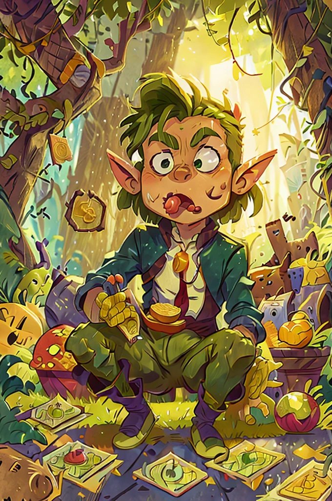 Cartoony green goblin eating paper money, surrounded by gold coins