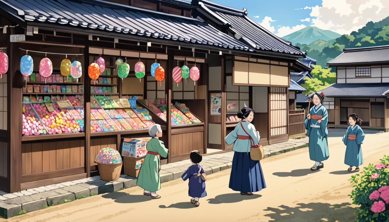 Children and an old lady playing in front of a candy store in rural, Meiji era, Japan, illustration