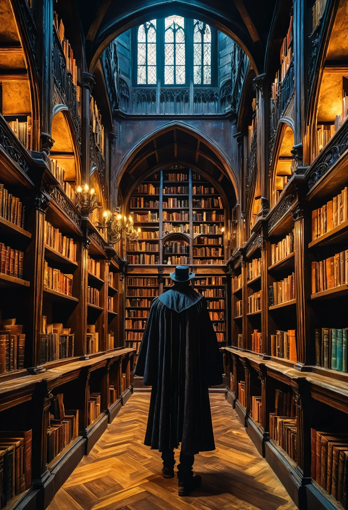 There is a photo of a bookstore,A man is wearing it, Gothic Epic Library concept, Gothic Epic Library, gothic library, Ruina Library concept art, ancient library, book cave, Magic Library, an eternal library, gloomy library, dusty library, Alchemist's Library Background, Carry space library artwork, Large library, Castle Library, dark library, Endless Book