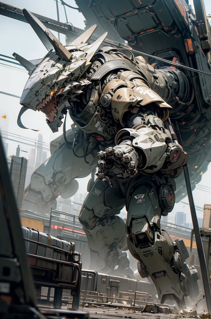 meca,roboT,droid,holding_weapon,giant,city,masterpiece,best quality,super detailed,super fine illustration,battle scene,white color,dynamic angle,Heavy equipment,ARMORED CORE,8k,masterpiece,best quality,Mass production machine,imperial military,black color,dragon