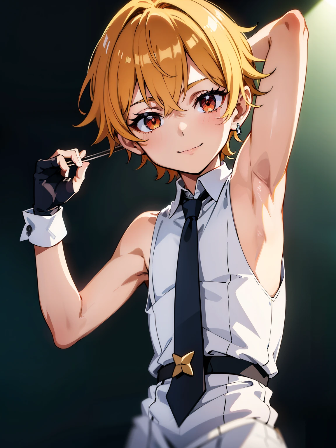 Highres, Masterpiece, Best quality at best,Best Quality,hight quality, hight detailed, Anime style, 1boy, Boy, Shota, Solo person, young boy, Sleeveless vest, bare shoulder, Tie, gloves, Choker, Casino, Waiter, night day, Slim body, smile, earring, Body, Simple beckground, Seen from the front, (Showing armpit:1.3), age 12, (very young boy), (very small and short body), uhd, bokeh