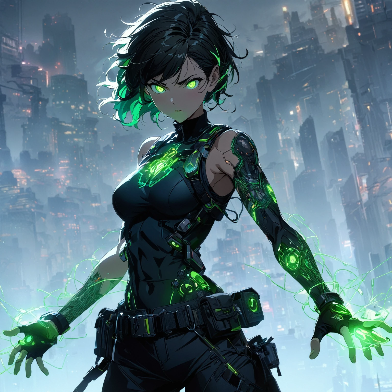 a girl with Slim, athletic build,Short, edgy hair with streaks of neon green,Intense, glowing green eyes,Fitted, (nude:0.9), NSFW, dark top with glowing green circuitry,standing in front of a city,Sleeveless or short-sleeved, showcasing glowing energy patterns on her arms,High-tech harness with energy nodes,Fingerless gloves with energy conduits,Dark, fitted pants with utility pockets,Belt with energy capsules and gadgets,Confident, determined expression,Energetic aura surrounding her hands and body, detailed gorgeous face| anime style| key visual| intricate detail| highly detailed| breathtaking| vibrant| panoramic| cinematic| Carne Griffiths| Conrad Roset| gibbli 8k