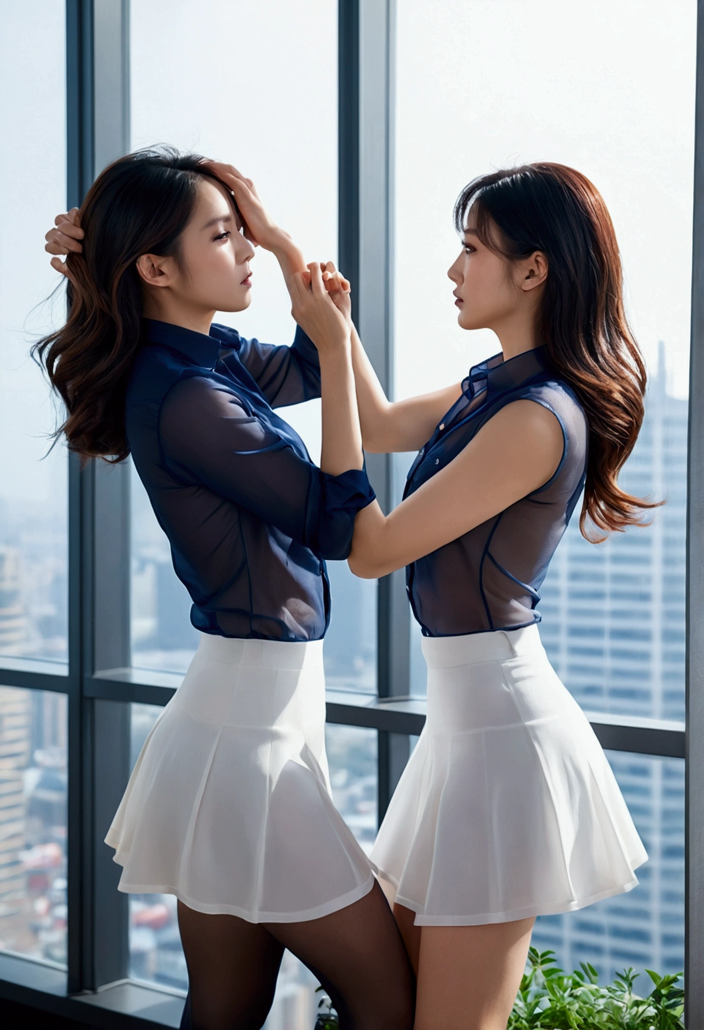 ((premium、masterpiece、realistic photography:1.4、and 8K)),(navy blue transparent shirt、tight white skirt),Delicate and beautiful face、delicate and beautiful eyes、beautiful hair、Offices on high floors、You can see the building from the large windows.、detailed background, perfect lighting, Depth of fields, Beautiful shadow gradient , ((Captura de Whole body)), Whole body,(two women fighting, hitting each other in the face and body, in black and nude pantyhose, stiletto heels