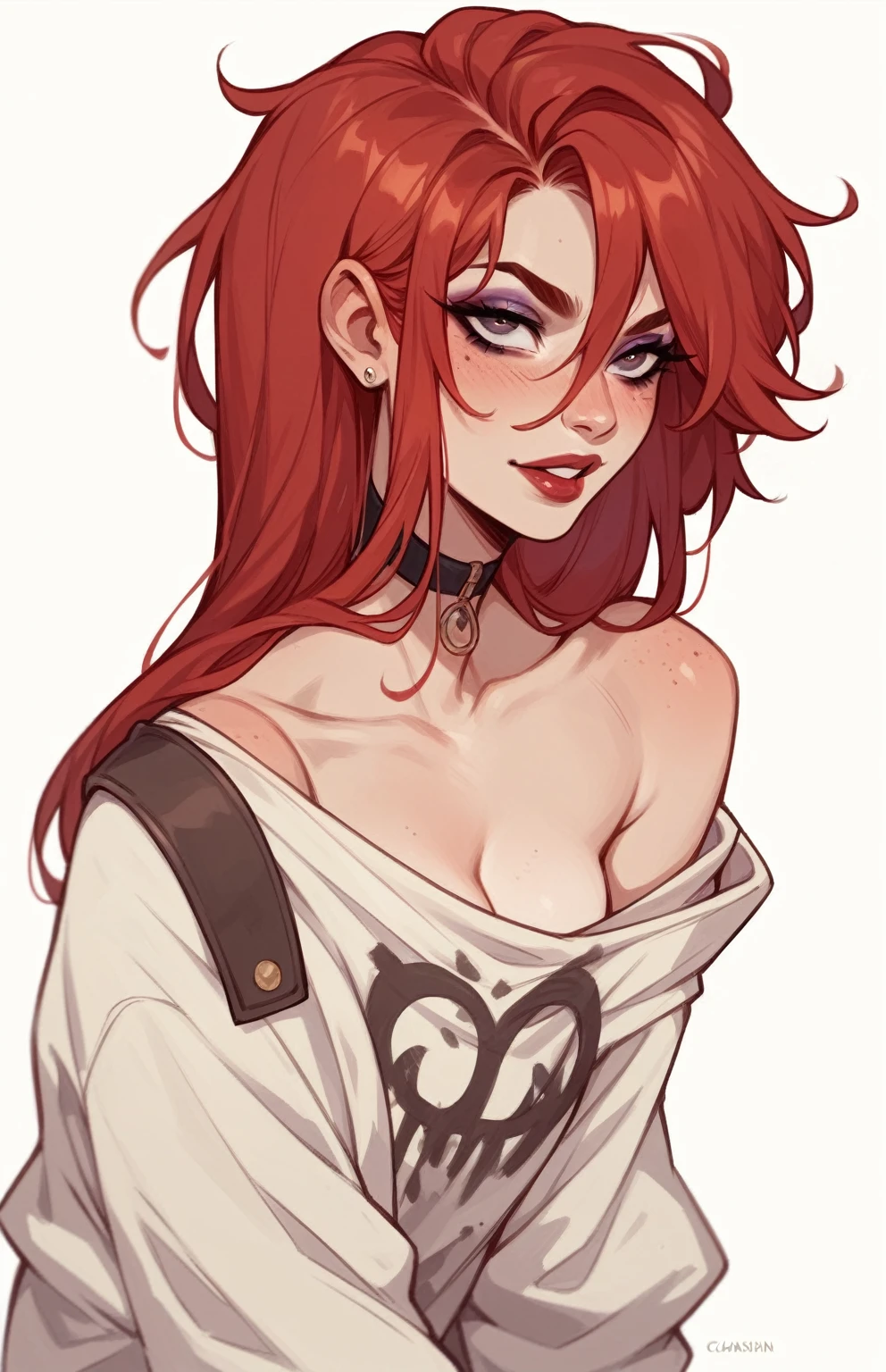 a woman with red hair, makeup, Caucasian skin, in maga lida 