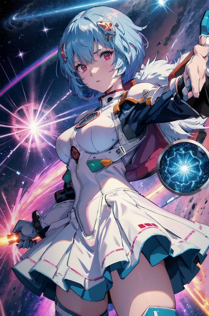 RAW Image Quality, A super cute girl is wearing a pink jacket armor, Mechanical Wing, Space War Background, Rainbow Aura Body, Supernova Power, Light blue hair, Red eyes, Perfect body, y, Neon glow, Beam sabre, sad mood, Very detailed, Preparing for battle, mecha musume, Beautiful Eyes, Detailed face,