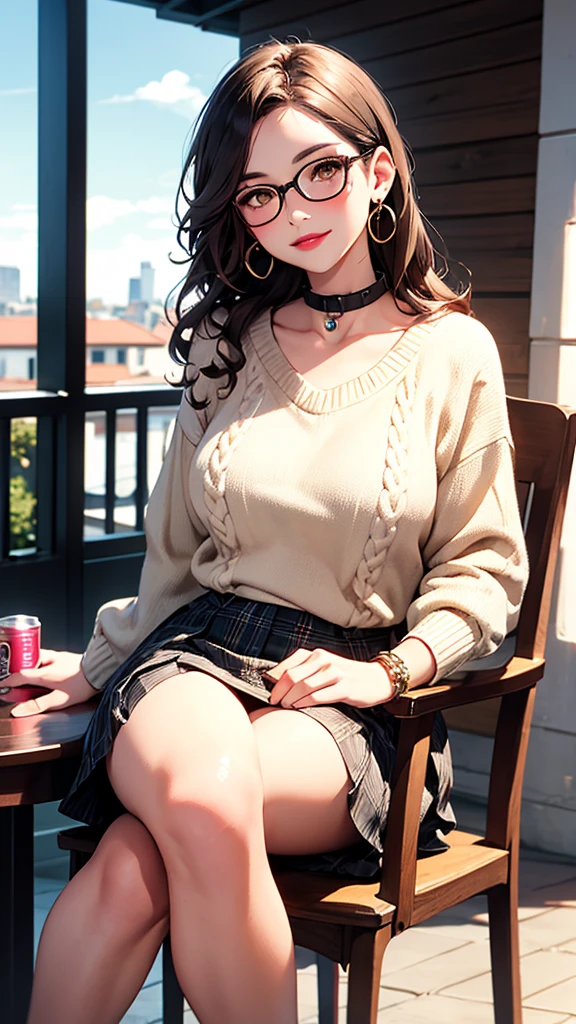 (masterpiece, best quality, Ridiculous), 1 girl, adult, brown hair, Long curly hair, yellow eyes, parted bangs, side lock, Plump and saggy breasts, sexy, long eyelashes, (Black-framed round glasses), Dining room, balcony, outdoor, sky, cosmetic, Eyeliner, lipstick, jewelry, earrings, period, bracelet, (Beige sweater,) v collar, clavicle, (beige plaid skirt), White, smooth and slender legs, sitting, on the chair, Elbow rest, looking at the audience, head tilt, blush, open lips, Smile